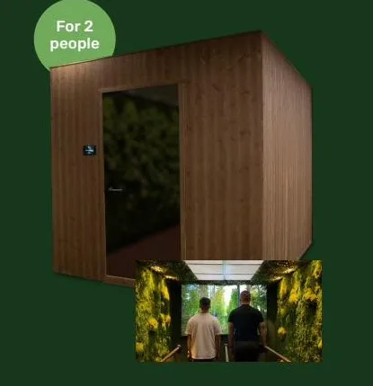 Nature Station DUO — wooden office pod for two people, with an interior view of two colleagues walking side by side
