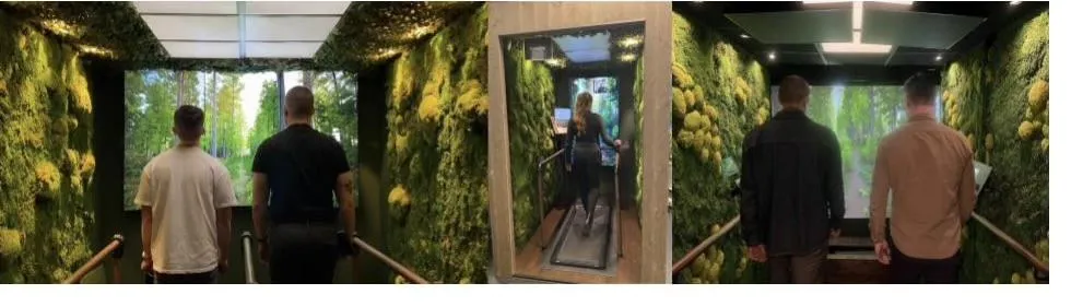 Three views from inside Nature Station pods — colleagues walking through moss-clad corridors toward forest screens