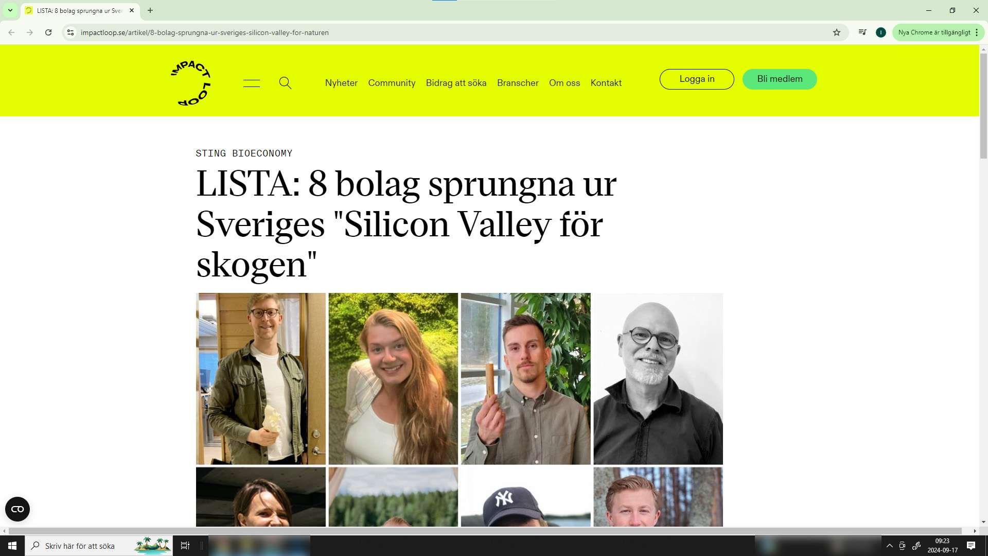 En screenshot av en webbartikel som visar ett collage av profilbilder på åtta entreprenörer